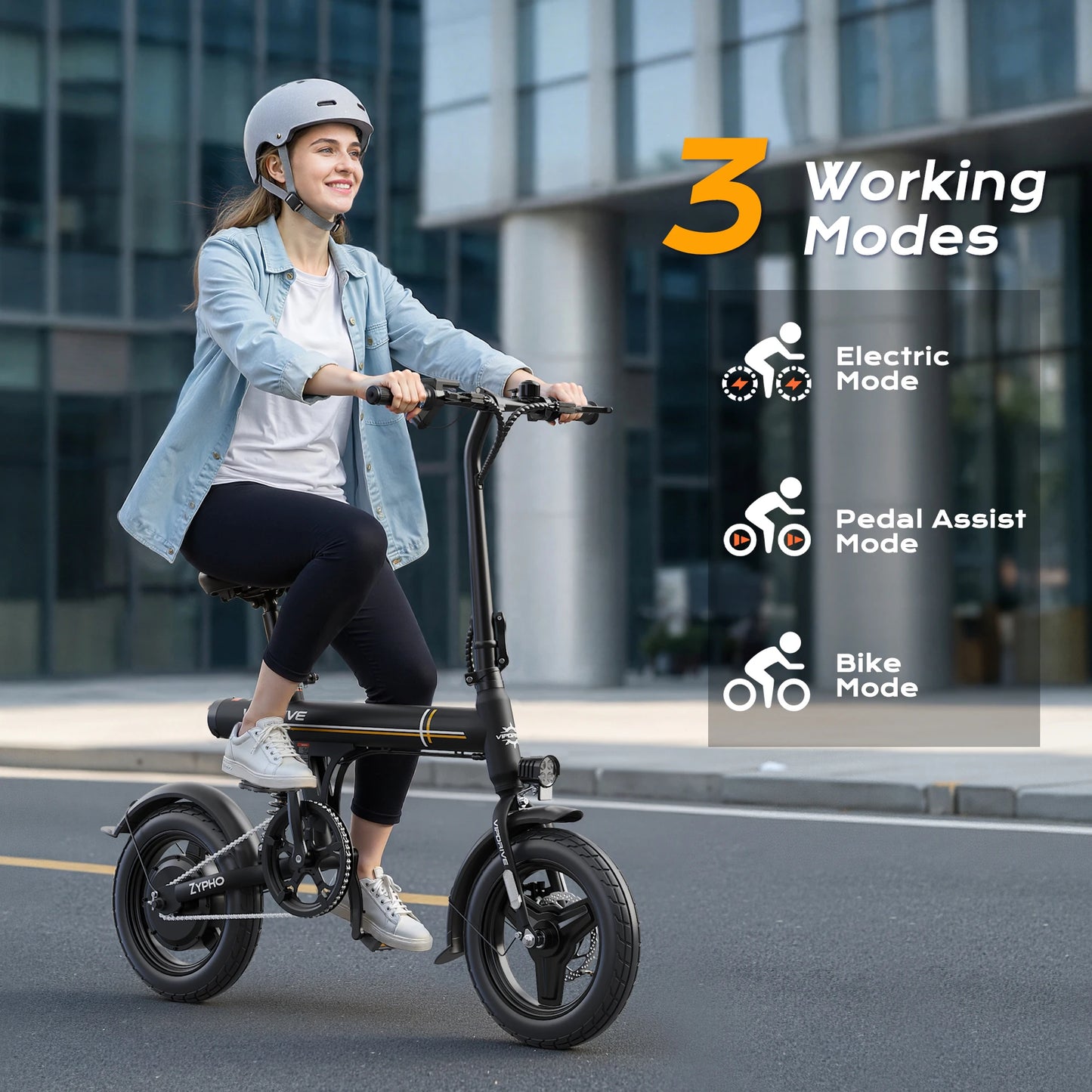 VIPDRIVE Zypho Adult Electric Bike, 500W peak motor, 36V 7.8Ah battery, 14"Tire Commuter E-Bike,20MPH,UL2849, 1-Year Warranty