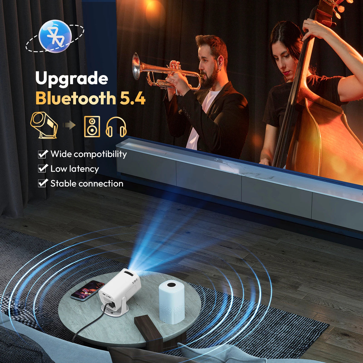 XGODY Gimbal 3 Pro Portable Projector, Native 720P 300 ANSI 4K Supported, Android 14 WiFi 6 BT 5.4, Vertical Auto Keystone Correction Wireless Mirroring, 20-120 Inch Camping Movie Gaming Projector with HDMI USB