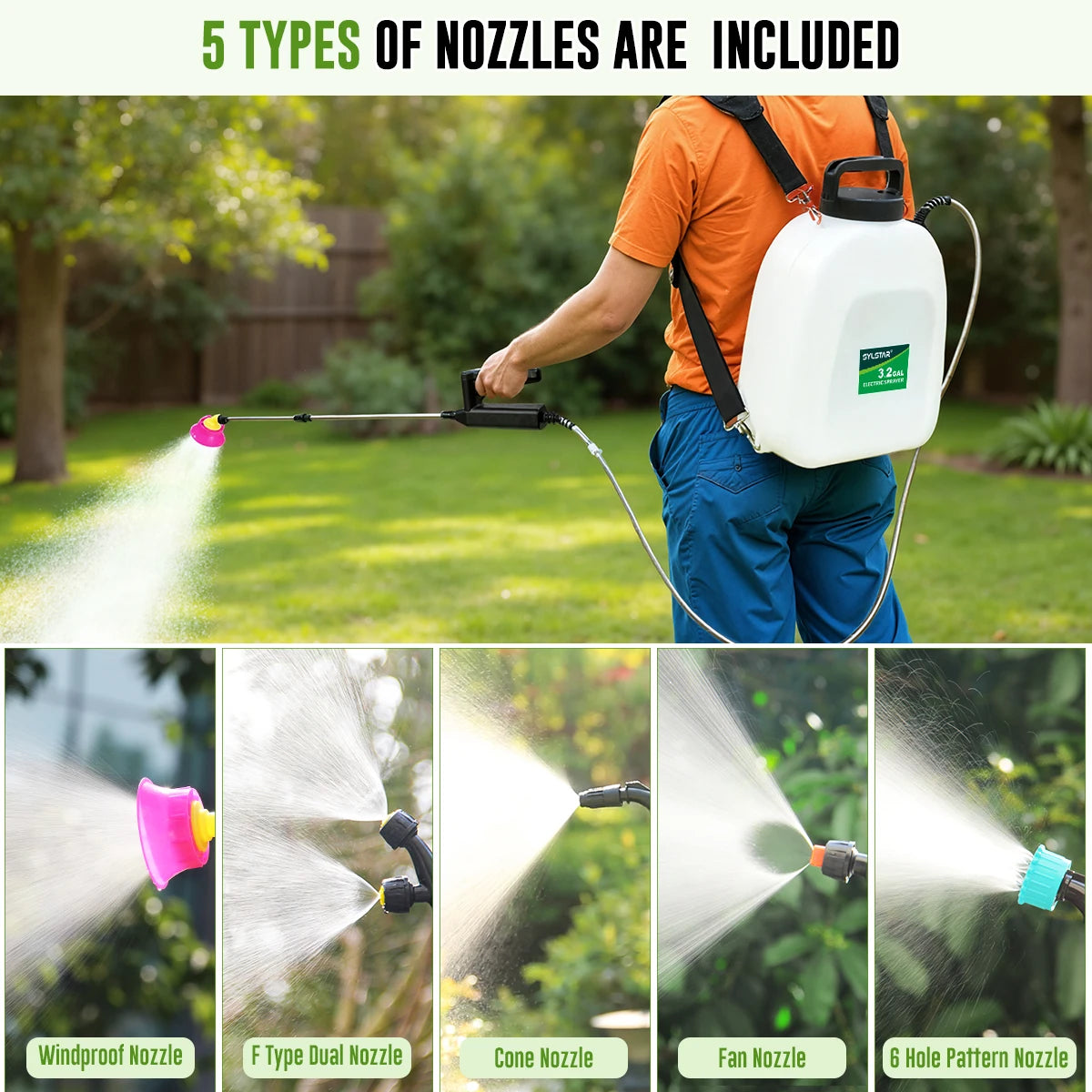 3.2 Gal Battery Powered Backpack Sprayer - USB Charging, 3 Adjustable Speeds, Battery Indicator, 5 Nozzles Lawn Garden Use