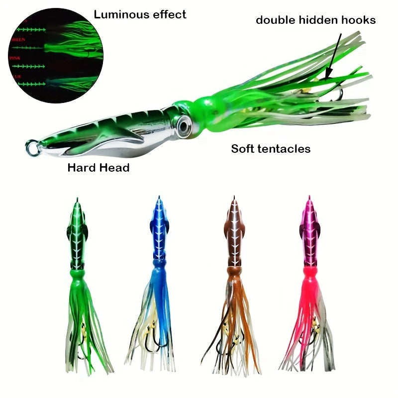 2‑pack Luminous Slow‑jig Squid‑Head Fishing Lures, 60G / 7.87‑inch Trolling Bait, Metal‑Head Squid‑Skirt Fishing Bait, Deep‑sea Boat‑fishing Luminous Bait, Suitable For Sea Bream, Sea Bass And Spanish Mackerel