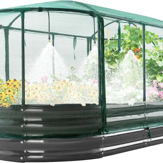 Large Oval Galvanized Metal Garden Bed with Auto-Watering and Mesh Cover for Growing Vegetables, Herbs, and Flowers