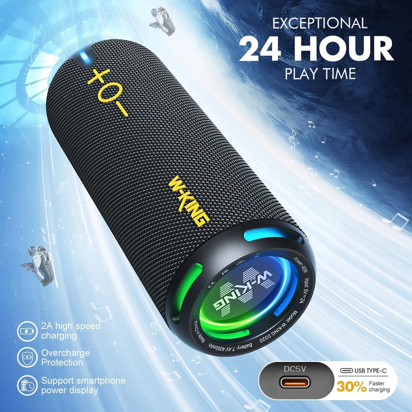 W-KING Bluetooth Speakers - IP67 Waterproof Outdoor Portable Wireless 40W HD 360° Stereo Surround Sound For Shower, Camping Home