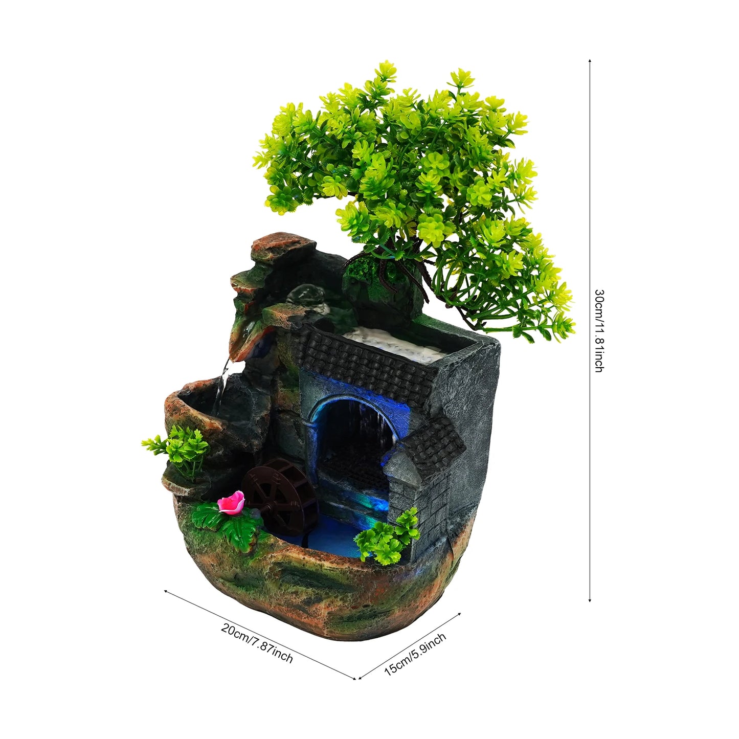 Tabletop Water Fountain with LED Light, Desktop Ornaments Resin Rockery Ornament for Office Living Room Desk Decor