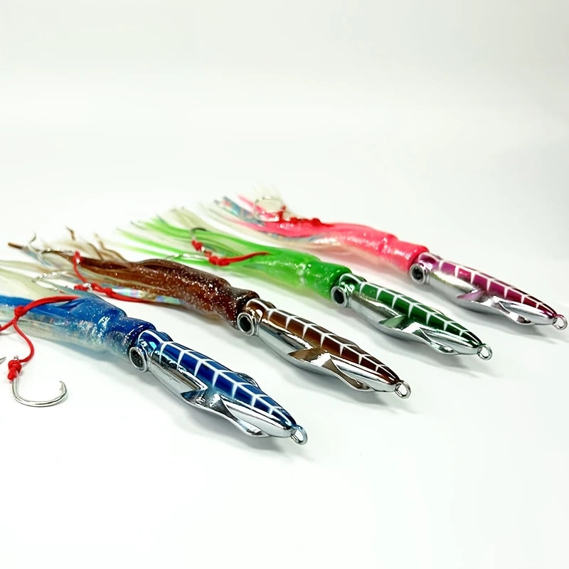 2‑pack Luminous Slow‑jig Squid‑Head Fishing Lures, 60G / 7.87‑inch Trolling Bait, Metal‑Head Squid‑Skirt Fishing Bait, Deep‑sea Boat‑fishing Luminous Bait, Suitable For Sea Bream, Sea Bass And Spanish Mackerel