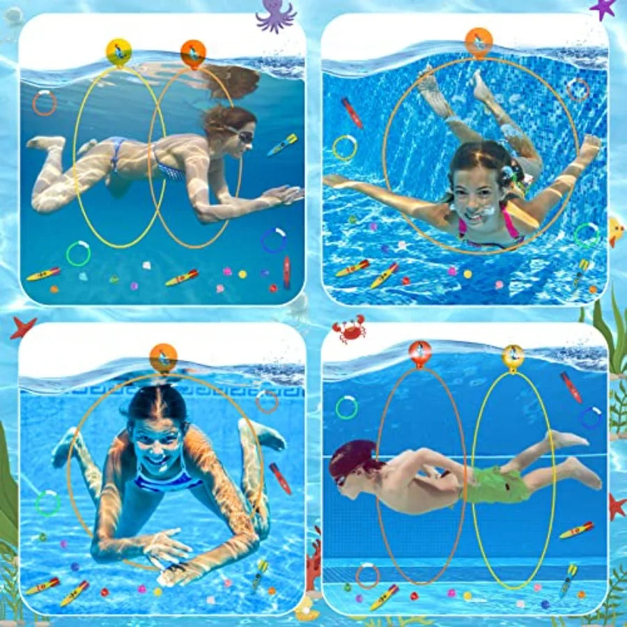 23PCS Pool Toys Games for,No Assembly Stability Swim Thru Rings, Pool Diving Toys for 3, 4, 5, 6, 7, 8, 9, 10, 11, 12 Swim Ring