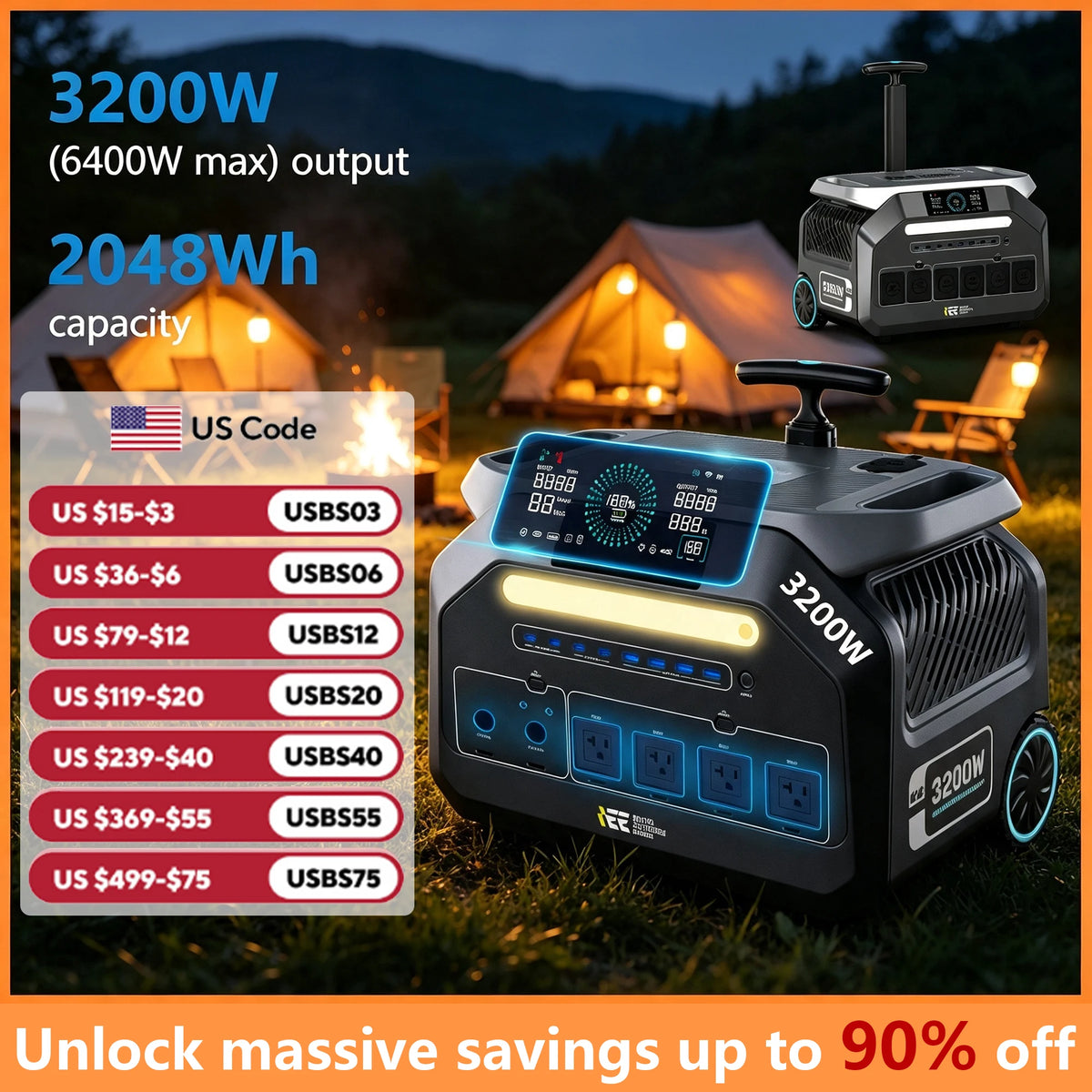 IEE P3200 3200W Portable Power Station 2048Wh LiFePO4 Solar Generator, 6400W Surge, Fast Charge, Backup Power for Home Emergency Hurricane Camping RV Outdoor Use