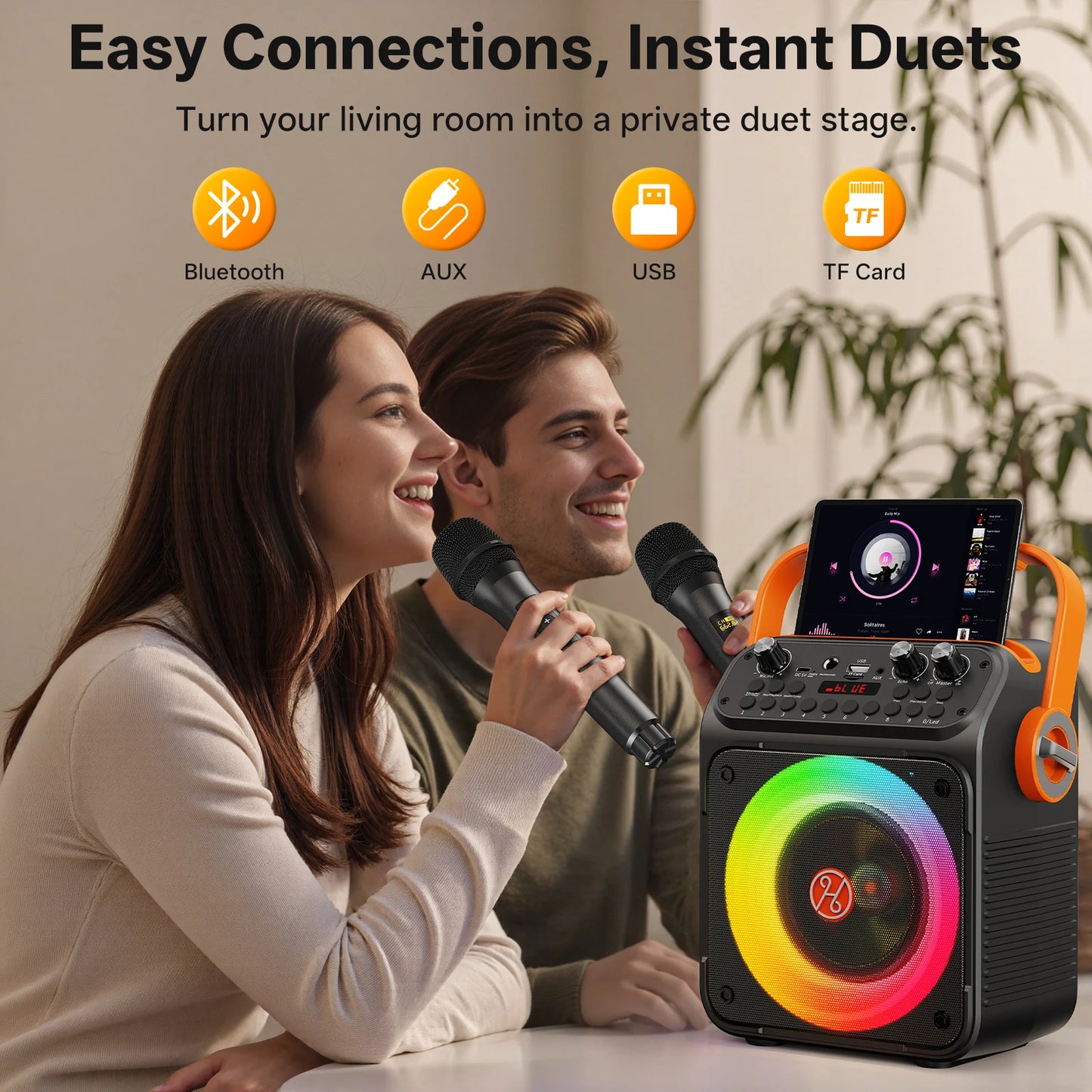 T35 High Power Karaoke Bluetooth Speaker Music Rhythm Light 360 Degree Stereo Surround Wireless Subwoofer with Dual Microphone