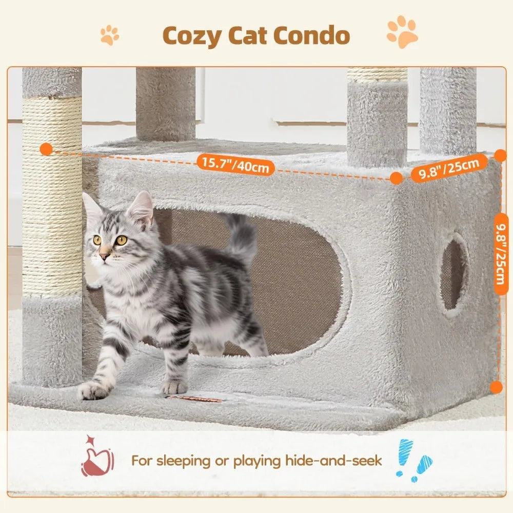 Tall 38 Inch Cat Tree with Condo Adjustable Basket and Plush Perch Tower for Indoor Kittens Light Gray