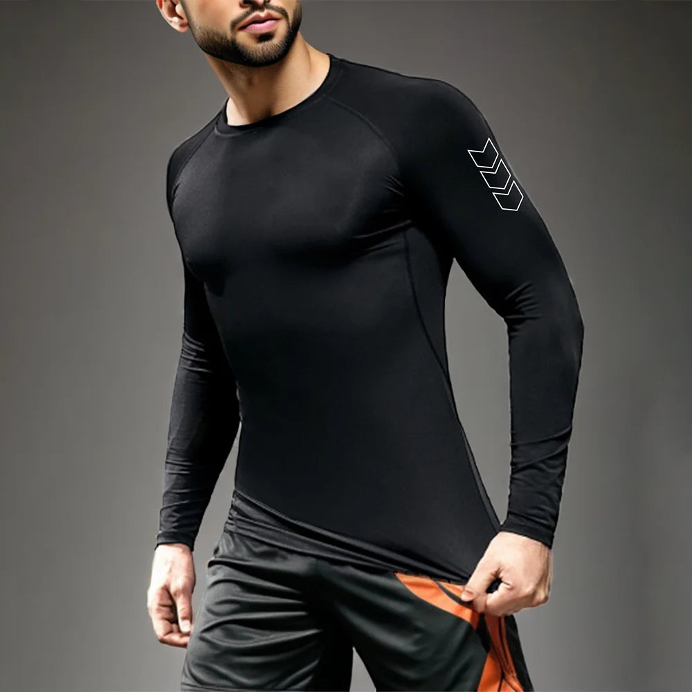 Men Black Long Sleeve Compression Shirt Quick Dry UV Protection Fitness Running Sport Baselayer Top