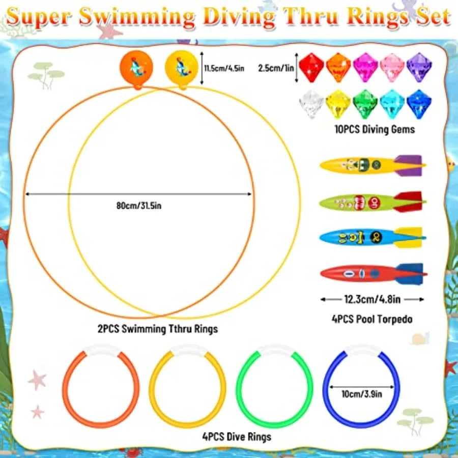 23PCS Pool Toys Games for,No Assembly Stability Swim Thru Rings, Pool Diving Toys for 3, 4, 5, 6, 7, 8, 9, 10, 11, 12 Swim Ring