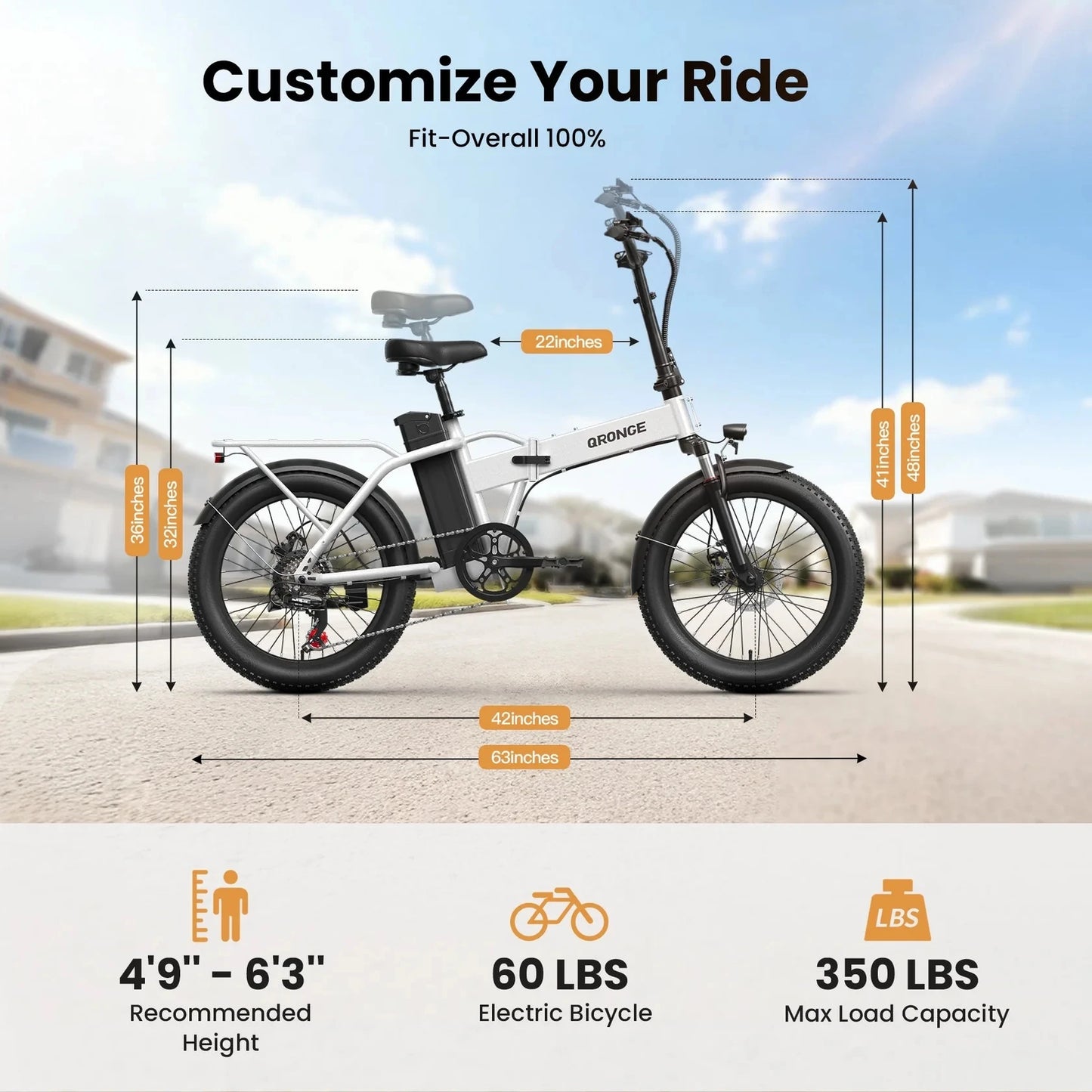 QRONGE Waterfall Folding Electric Bicycle 1000W Peak 48V 13.5AH 20" Fat Tire Electric Bike 70 Max Miles E-bike Commute 28MPH max