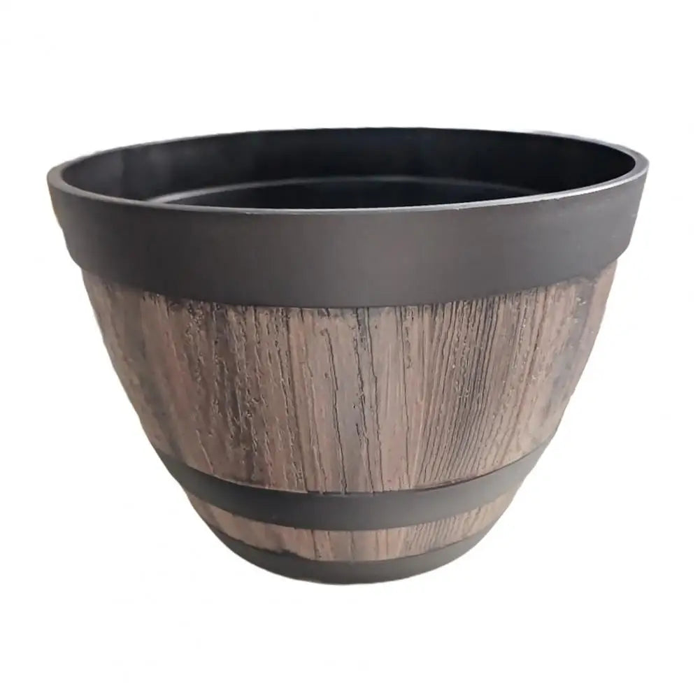 Rustic Farmhouse Whiskey Barrel Planter - Faux Wooden Plastic Flower Pot with Drainage Holes Home Garden Patio Yard Decor