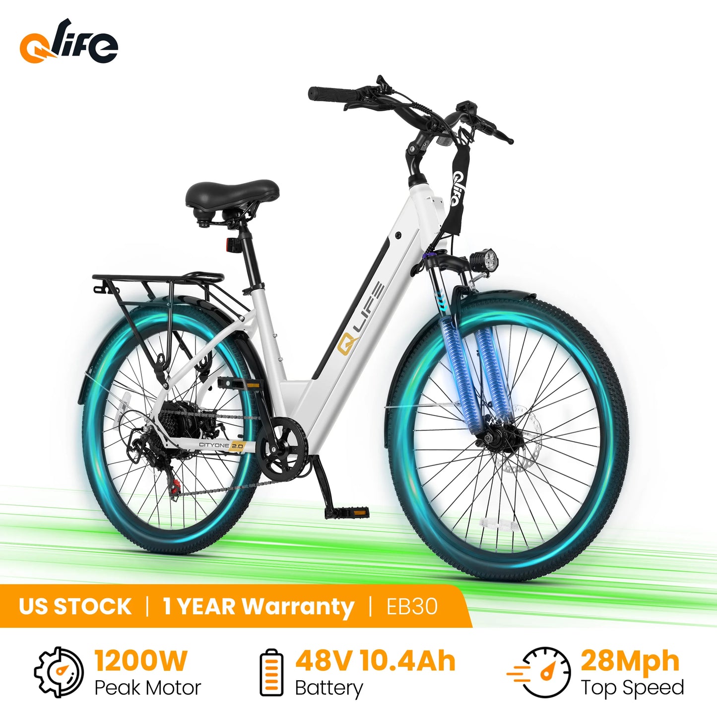 Qlife Cityone ST 2.0  26" Electric Bike for Adults, 1200W Peak Motor 48V 10.4Ah Battery, 28MPH 55 Miles, 7-Speed Electric Bicycle with Front Suspension
