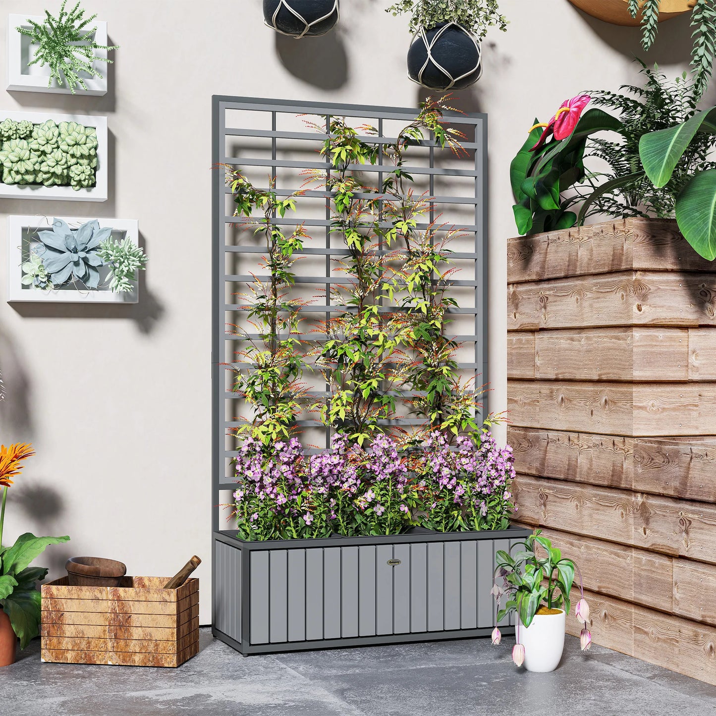 Raised Garden Bed, Planter Box with Trellis, Removable Pots, Gray