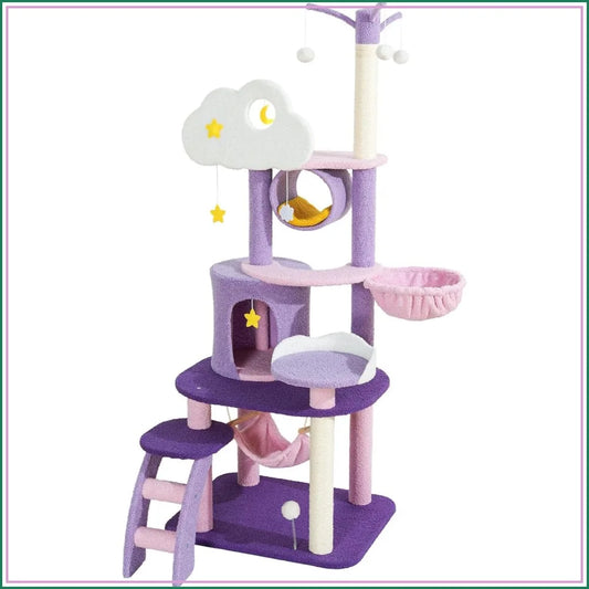Cat Tree 65in Indoor Cat Tower Large Tall for Cats, Purple Pink Cloud Cat Tree with Scratching Post Hammock