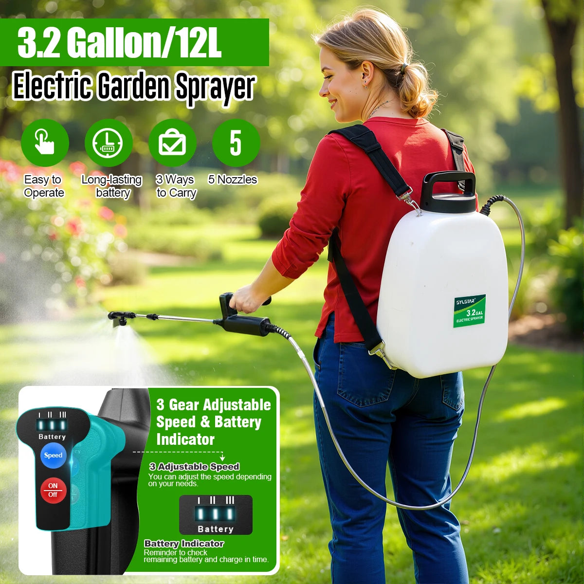 3.2 Gal Battery Powered Backpack Sprayer - USB Charging, 3 Adjustable Speeds, Battery Indicator, 5 Nozzles Lawn Garden Use