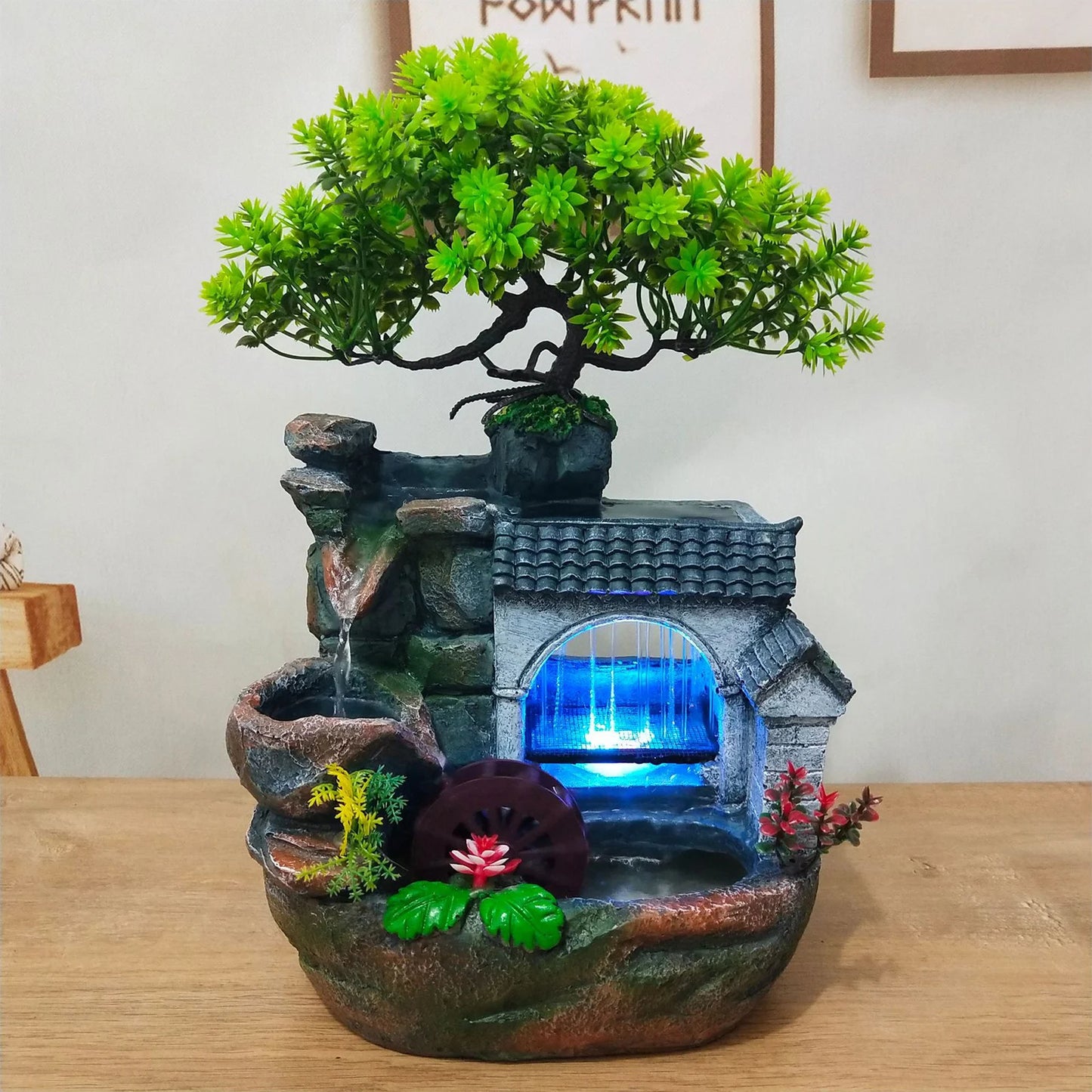 Tabletop Water Fountain with LED Light, Desktop Ornaments Resin Rockery Ornament for Office Living Room Desk Decor