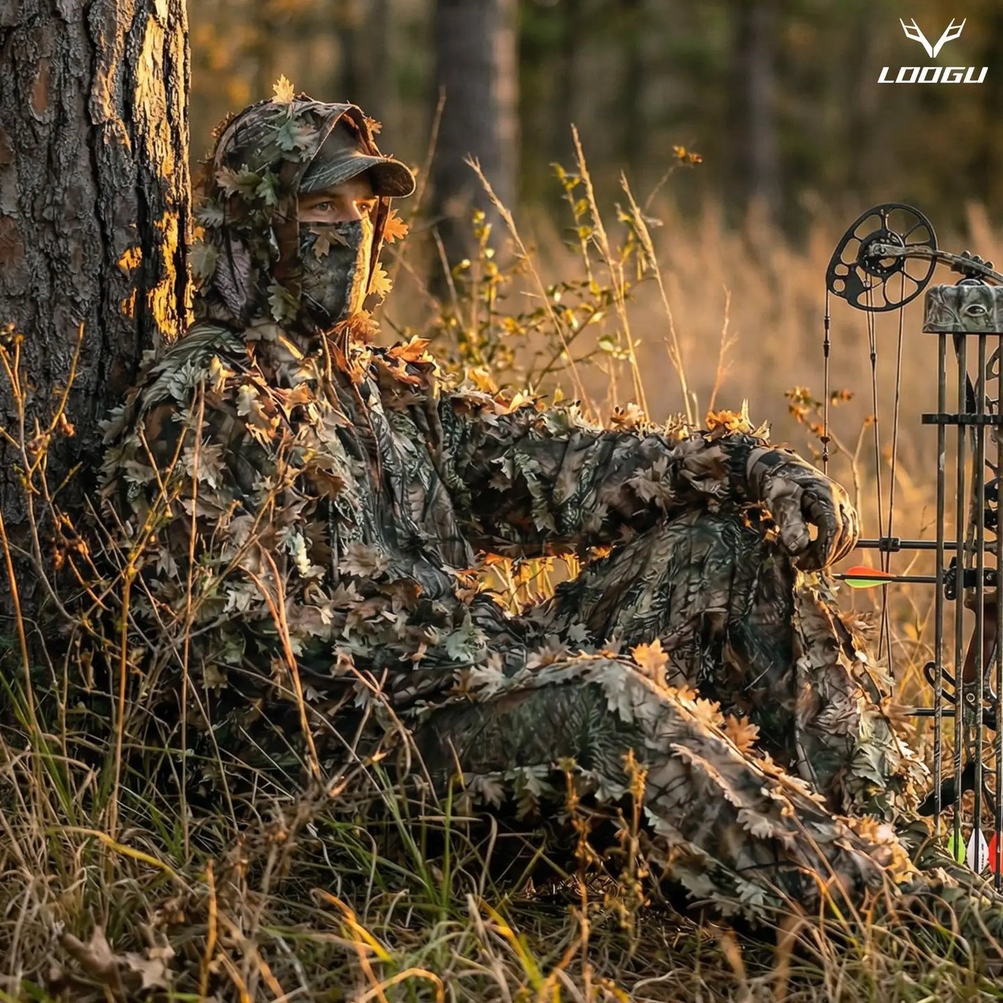 3D Bionic Leafy Ghillie Suit Camouflage Clothing Hunting Sniper Tactical Gear Breathable Mesh Jungle Woodland Stealth Apparel Elastic Waist Free Size For Outdoor Shooting Airsoft Paintball Wildlife Photography Men Gift