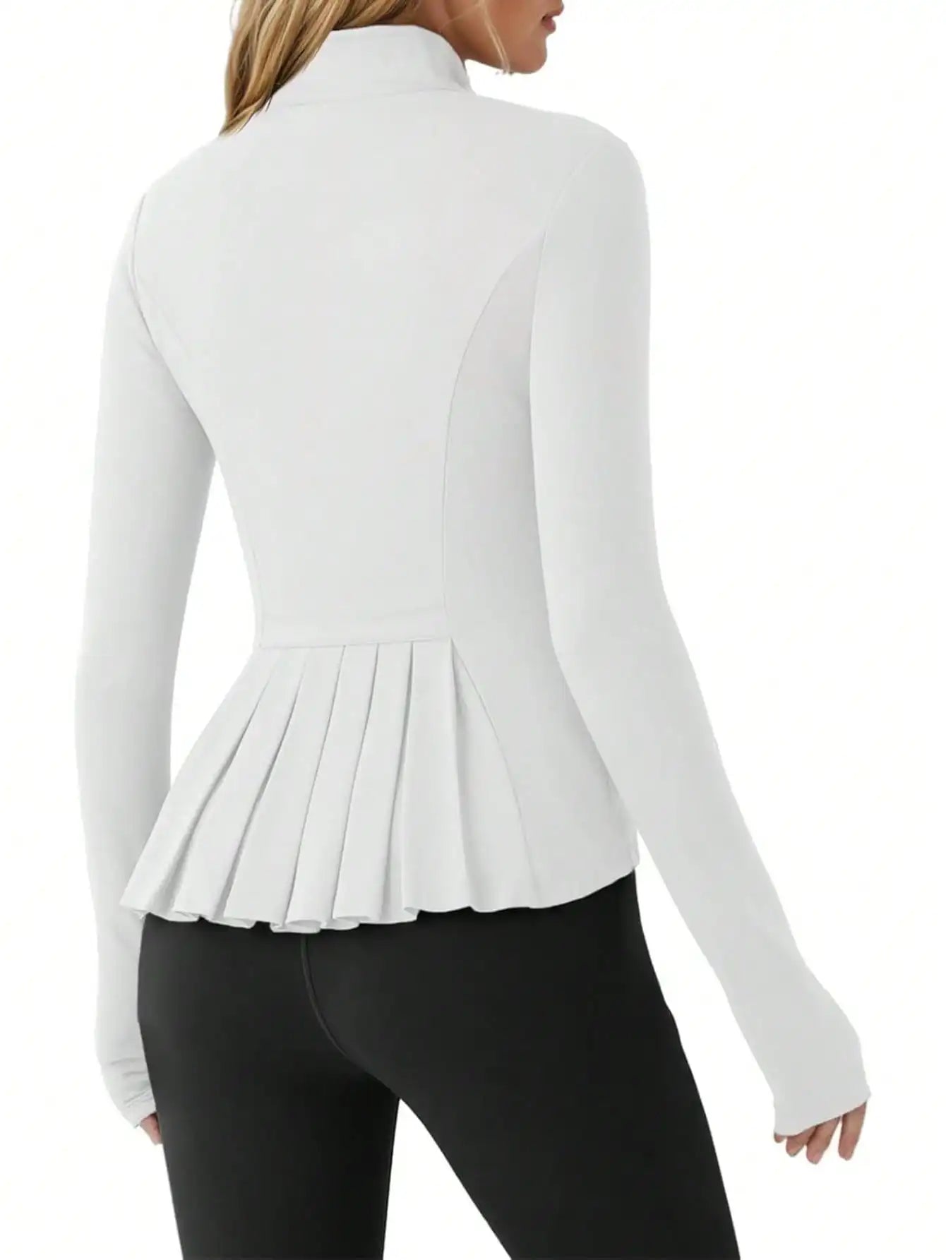 Fisoew Pleated Athletic Jacket, Women's Slim Fit Zip-Up Workout Top With Stand Collar & Thumb Holes, Athleisure Wear