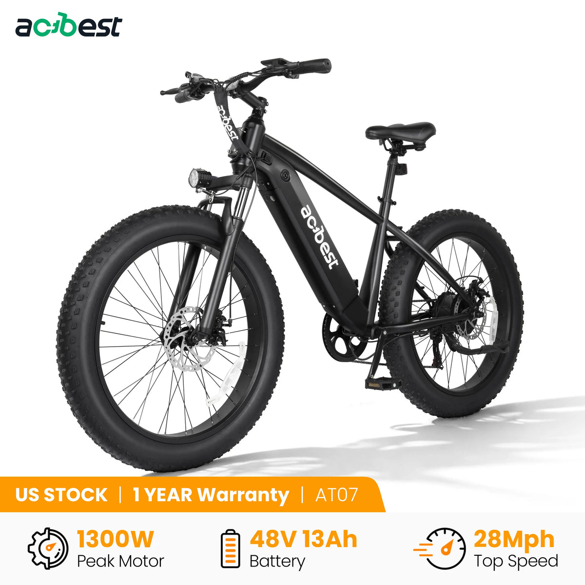 ActBest Ranger Electric Bike for Adults, 26"×4.0" Fat Tire Electric Mountain Bike, Peak 1300W 48V 13Ah,  28MPH 65 Miles  Electric Bicycle, 7-Speed, with Free Bike Lock & Mirror