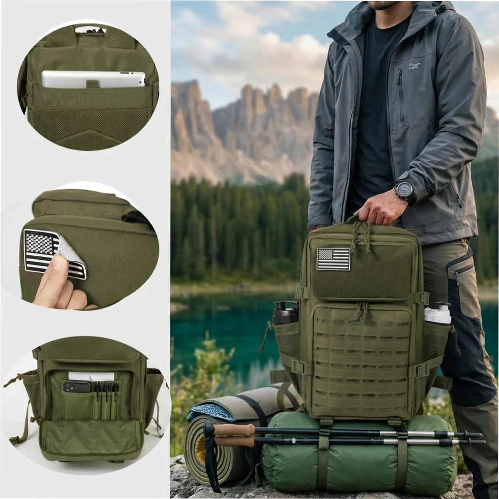 45L Large Capacity Hunting Backpack For Men With MOLLE Webbing System Dual Cup Holders Outdoor Survival Hiking Camping Rucksack For Wilderness Trip Travel Daily Work Commute Outdoor Camping Activities Gear Storage Backpack