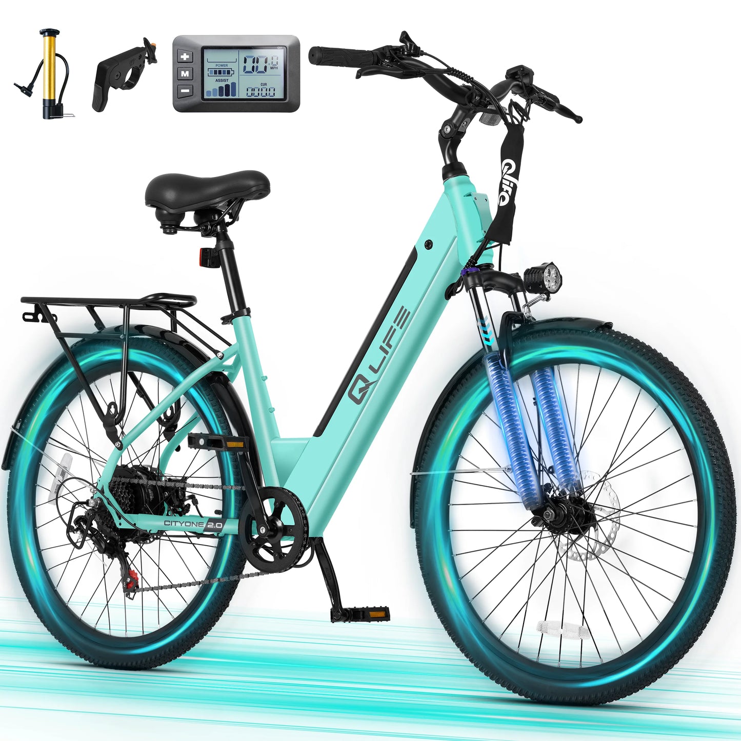 Qlife Cityone ST 2.0  26" Electric Bike for Adults, 1200W Peak Motor 48V 10.4Ah Battery, 28MPH 55 Miles, 7-Speed Electric Bicycle with Front Suspension