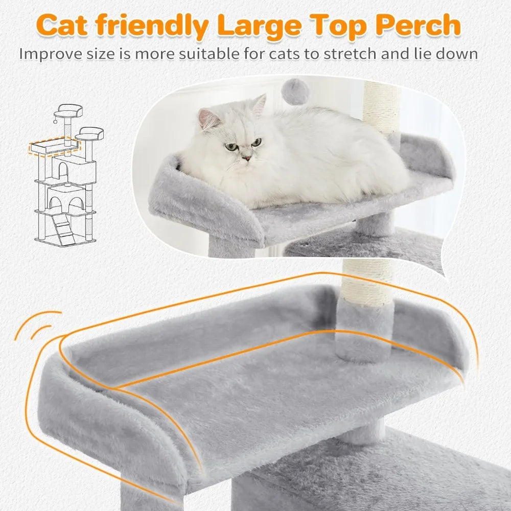 54 Inch Multi Level Cat Tree with Condos Scratching Posts Toys Indoor Activity Tower Light Grey