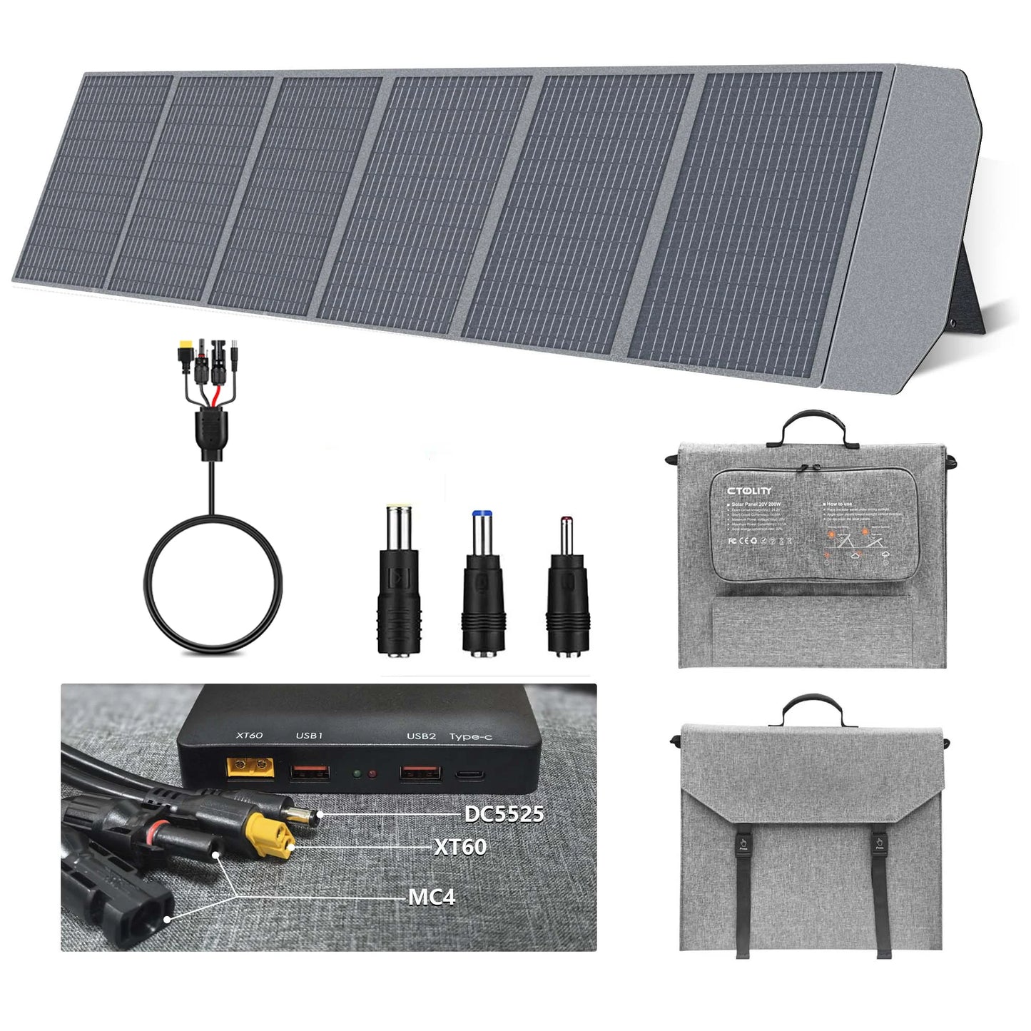 200W 18V Portable Solar Panel with PD Box QC3.0，Type-C，MC4 Output Camping Foldable MPPT Monocrystalline 100W Solar Charger