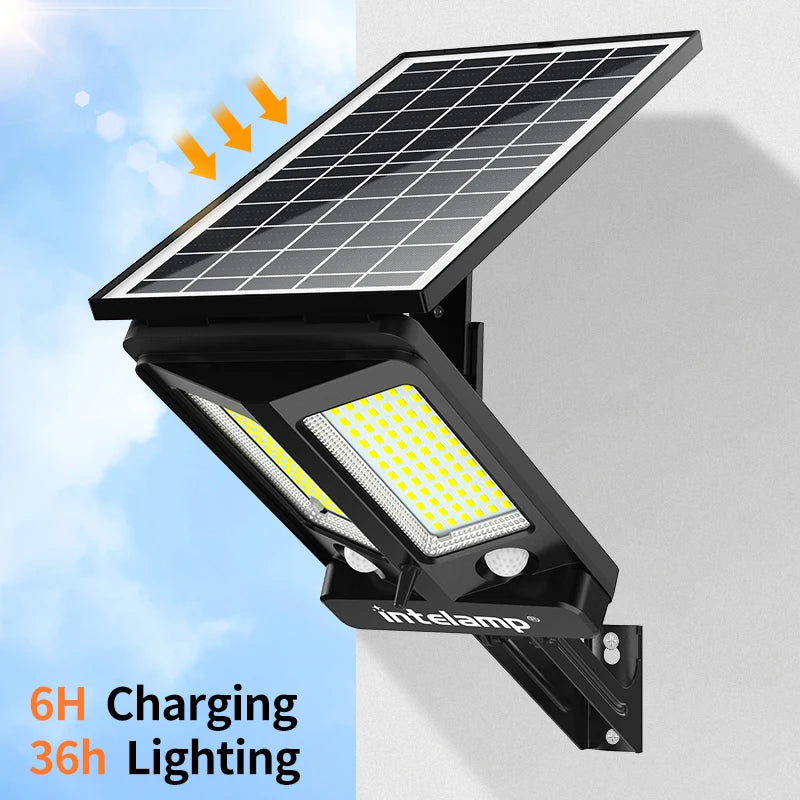 Intelamp Outdoor Solar Street Lights Security Flood Light With Super Large Solar Panel Two Sensors 12500mAh For Garden Yard Path