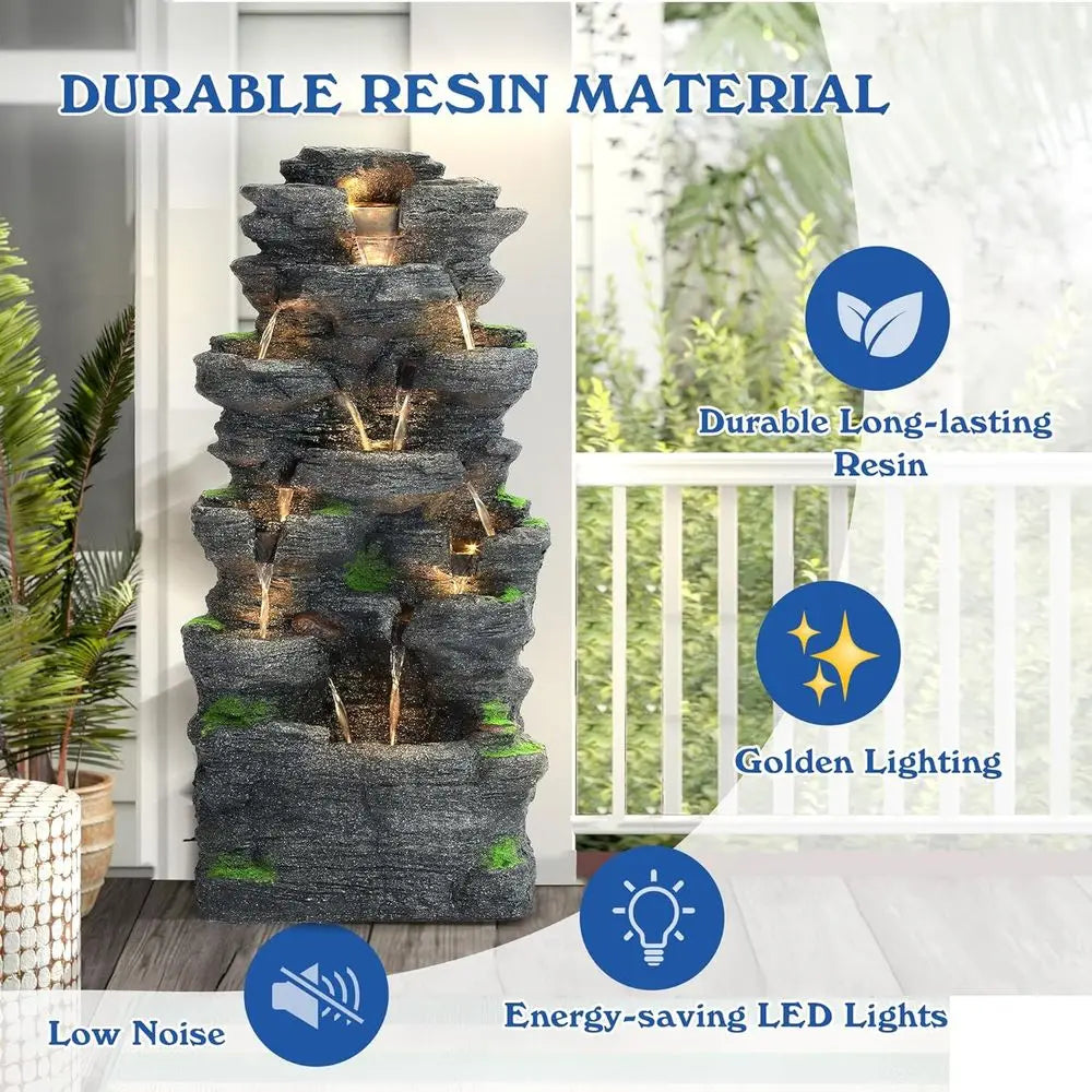 40 High 10-Tier Rock Waterfall Fountain with LED Lights for Outdoor/Indoor Use - Suitable for Patio, Garden, Backyard, Deck, Por