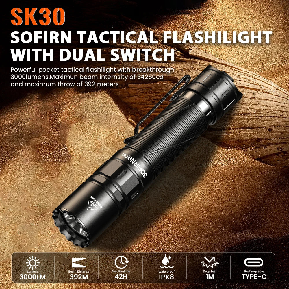 SOFIRN SK30 2800LM Tactical Flashlight SFT70 LED Light 6500K 21700 USB C Rechargeable Torch Double Switch