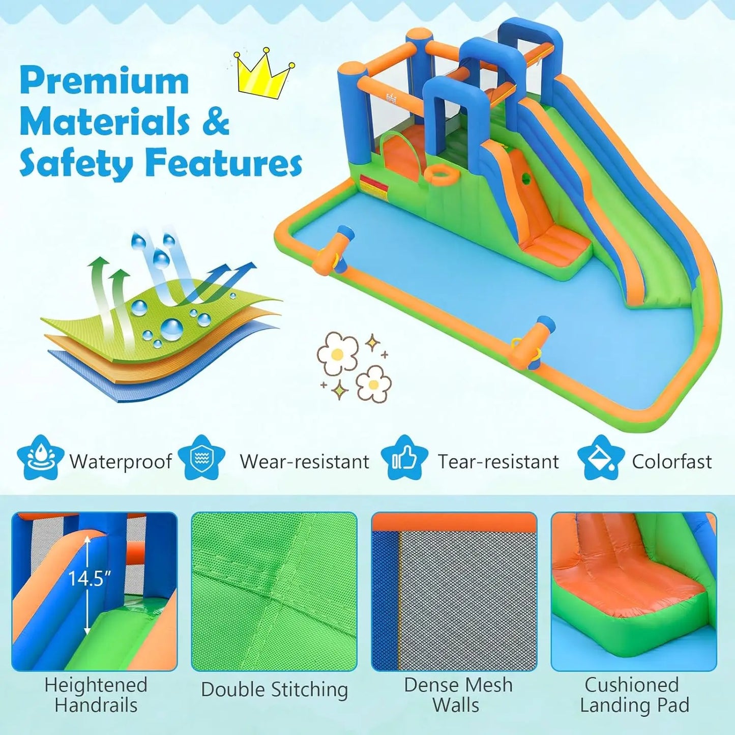 Inflatable Water Slide Bounce House, Kids Water Park Jump Castle w/Large Splash Pool, 2 Climbing Walls, Water Slides Inflatables