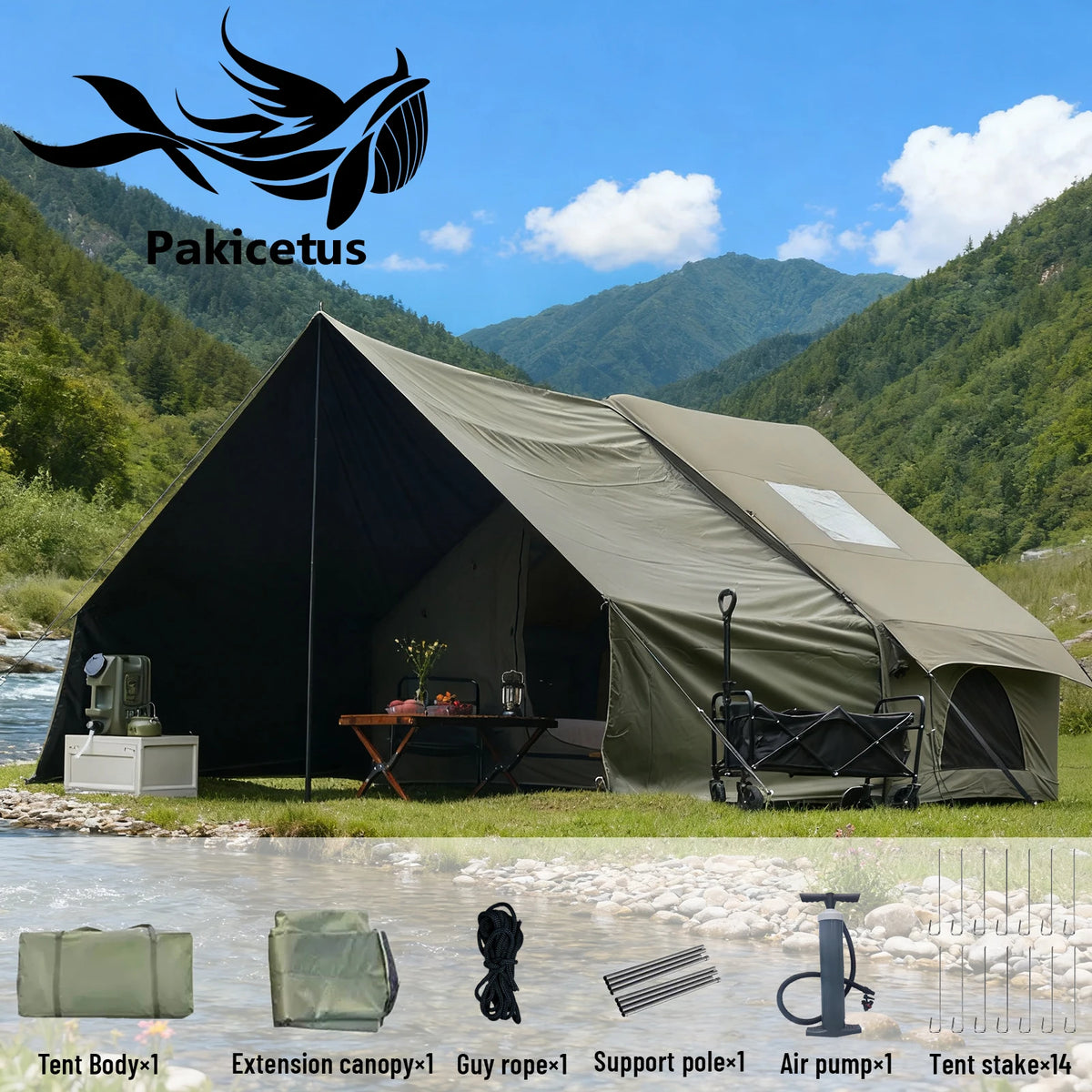 Pakicetus Inflatable Camping Tent With Extended Sun Canopy For Families