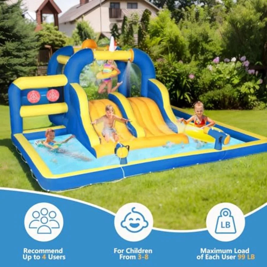 Inflatable Bounce House with Double Water Slide, Outdoor Inflatable Water Park Bouncy Castle w/Jumping Area, Splash Pool and Ai