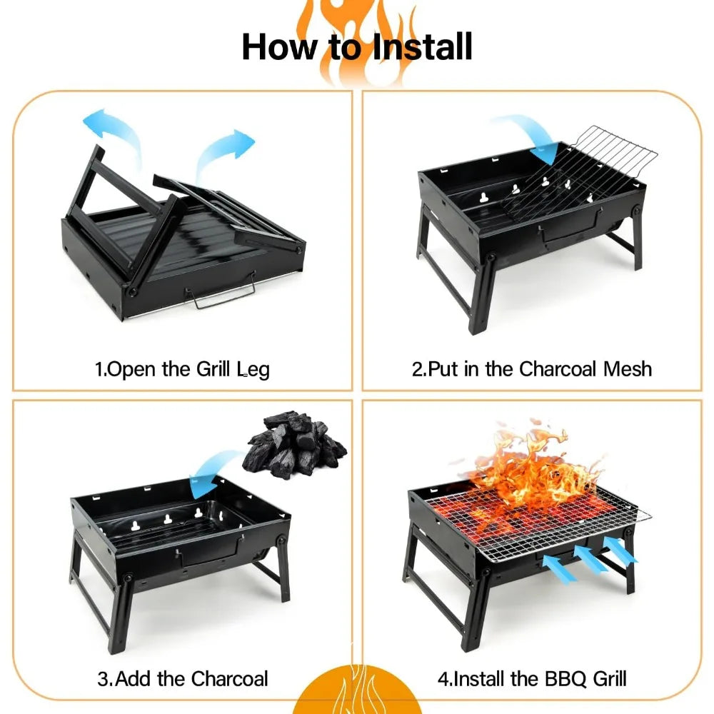 Portable Folding Charcoal Grill Stainless Steel Smoker for Outdoor Picnic Garden Camping