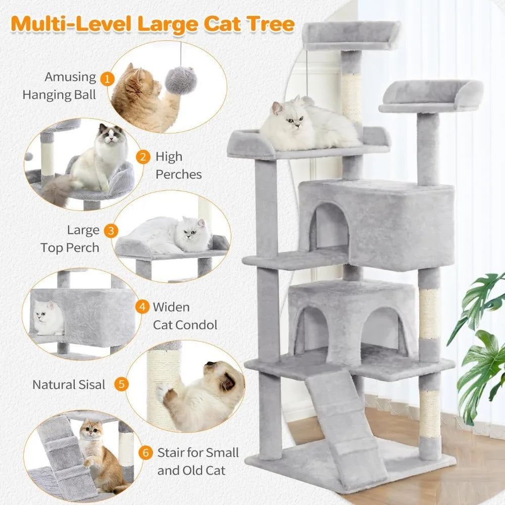 54 Inch Multi Level Cat Tree with Condos Scratching Posts Toys Indoor Activity Tower Light Grey