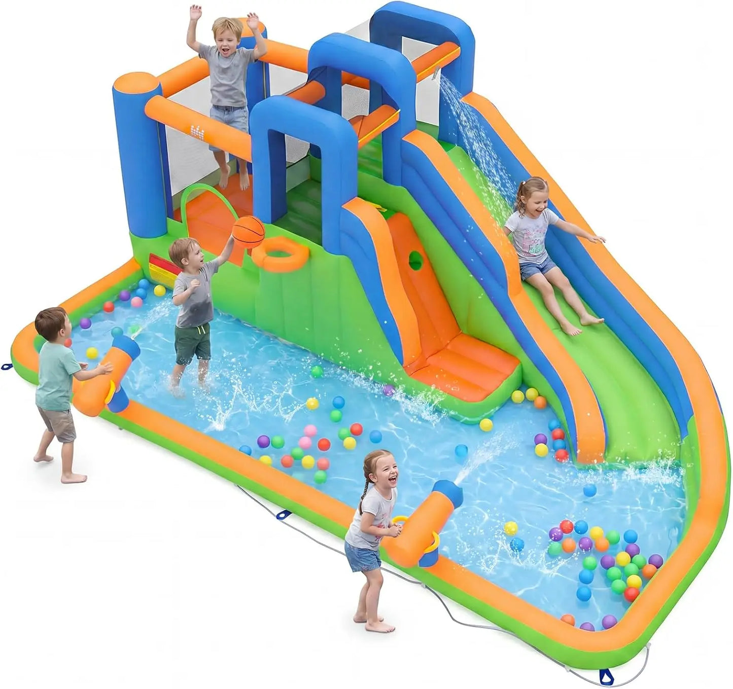Inflatable Water Slide Bounce House, Kids Water Park Jump Castle w/Large Splash Pool, 2 Climbing Walls, Water Slides Inflatables