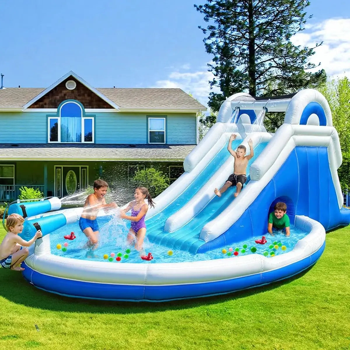 Blue White Inflatable Water Slide With Dual Slides Large Splash Pool Backyard Water Park With Water Cannons Arched Sprinkler