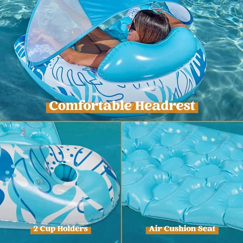 JOYFY XL Inflatable Pool Floats with Canopy Lounge Chairs with Cup Holders for Adults Inflatable Floaties Party Beach Summer