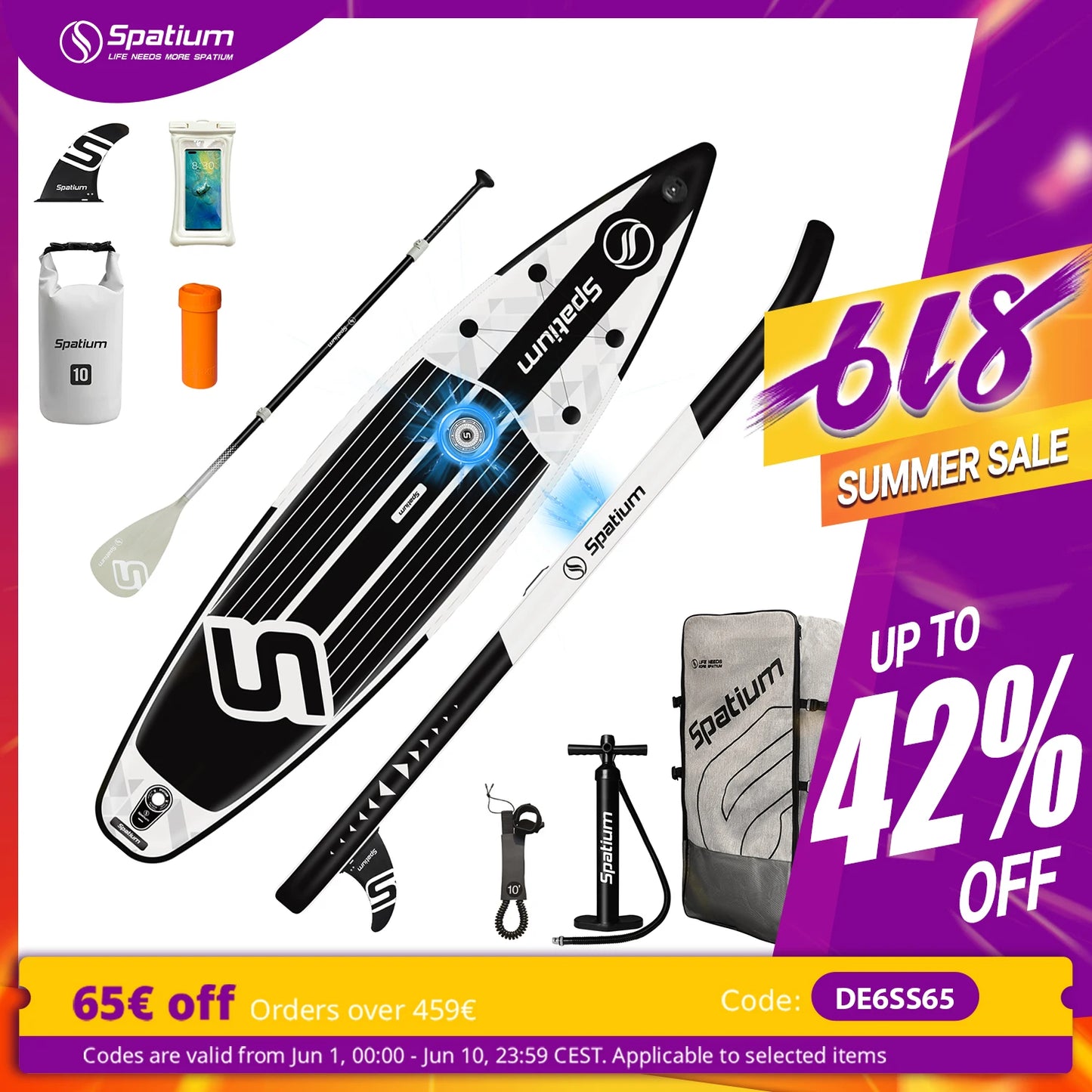 Spatium Touring Paddle Board Inflatable Stand Up Paddle Board Non-Slip Surf Board Water Sports Kayak Surf Set with Pump Backpack
