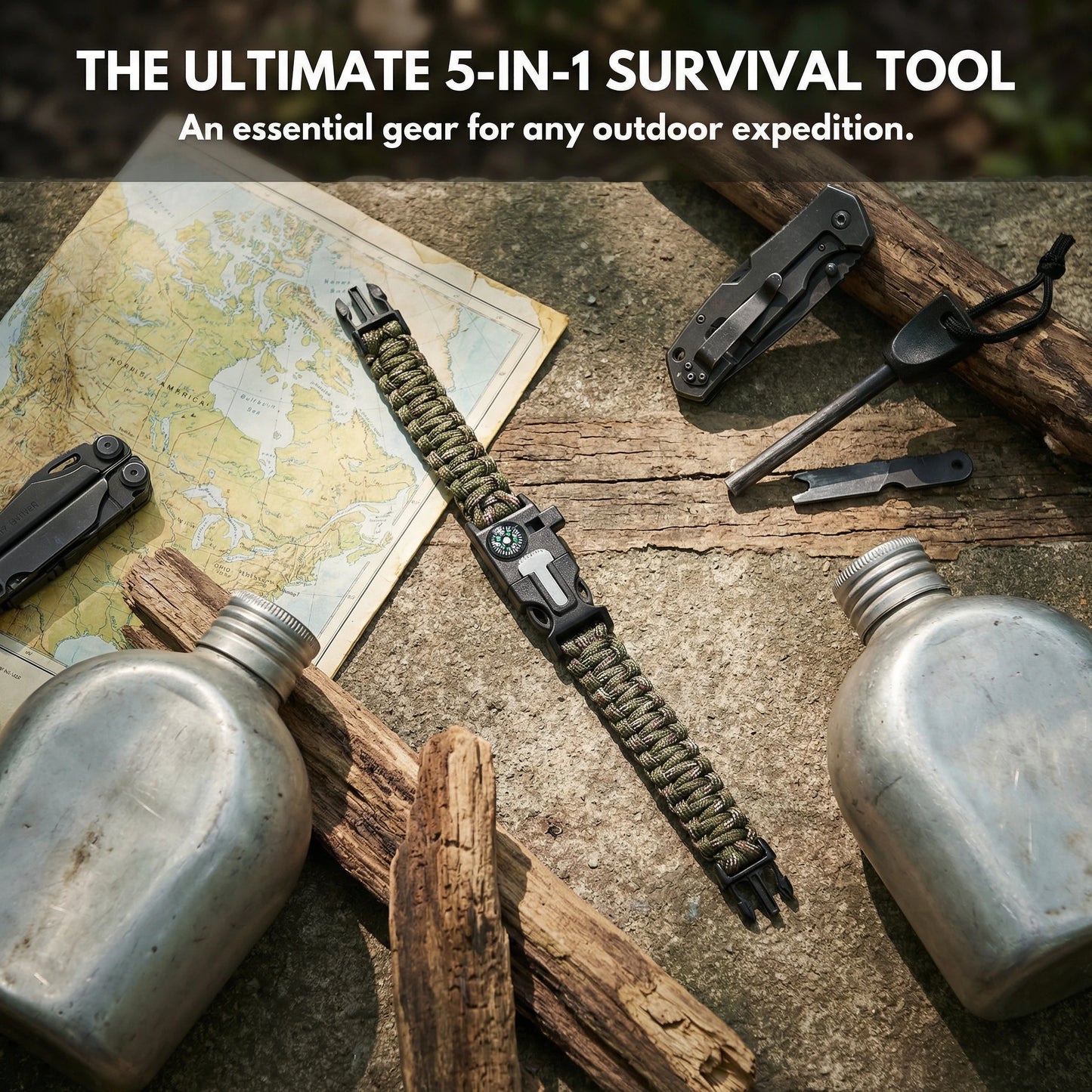 Adjustable Survival Paracord Bracelet With Compass And Fire Starter