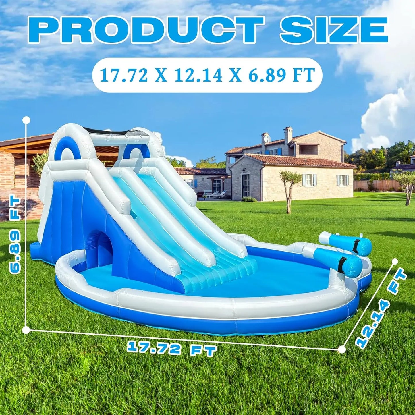 Blue White Inflatable Water Slide With Dual Slides Large Splash Pool Backyard Water Park With Water Cannons Arched Sprinkler