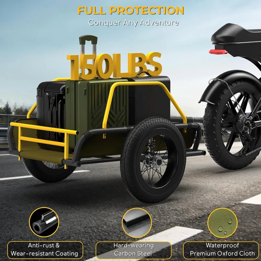 2 in 1 Bike Cargo Trailer Wagon Cart, 150 lbs, 16"x3" Fat Tire, 360° Swivel Caster, Double Suspension