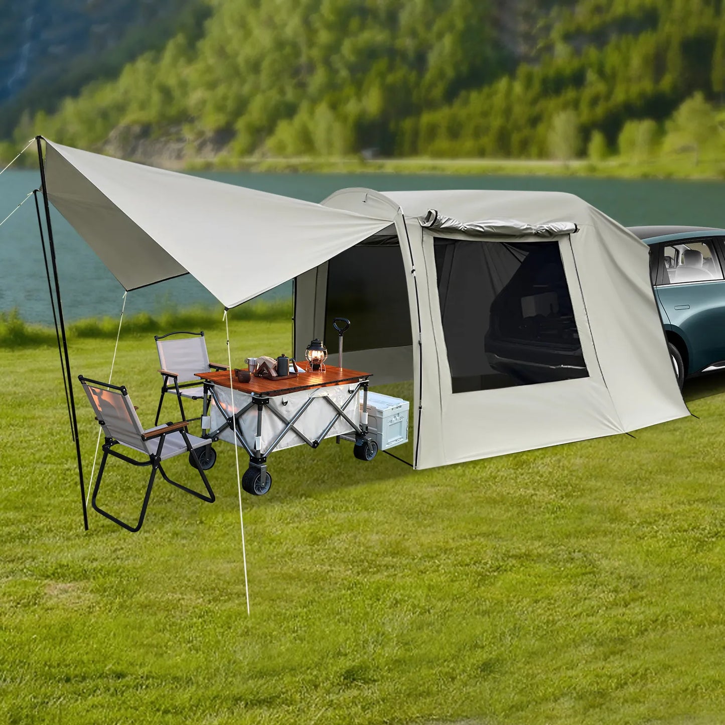 Car Camping Tent SUV Tailgate Awning 4-6 Person 210T Polyester Waterproof Sunproof with Storage Bag for Outdoor Travel