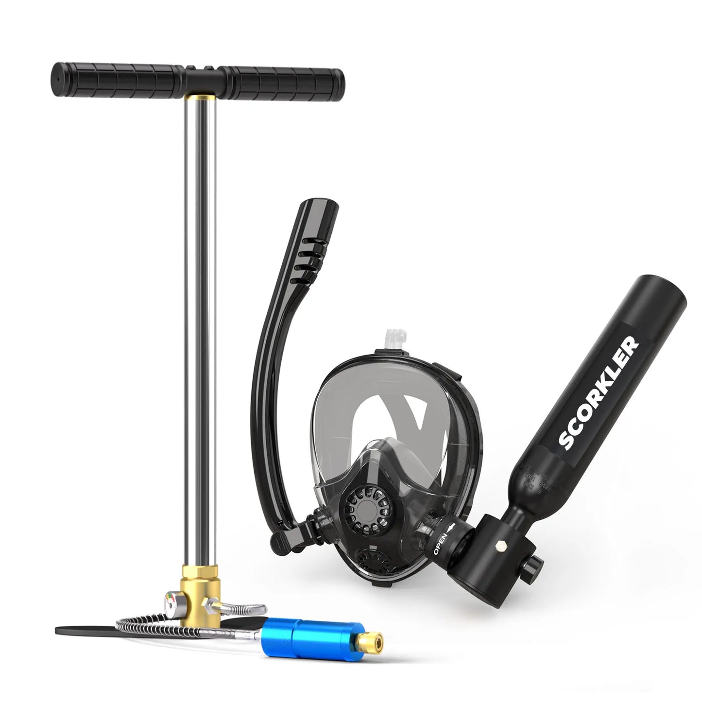 SCORKLER 0.5L Mini Scuba Diving Tank with Snorkeling Full Face Mask And Hand Pump Diving Cylinder Dive Equipment for Adults