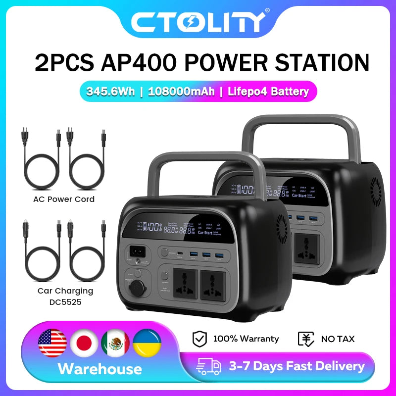 CTOLITY 500W Portable Power Station 345.6Wh Solar Generator LiFePo4 Batteries AC 220V Energy Storage Supply Camping 2PCS AP400