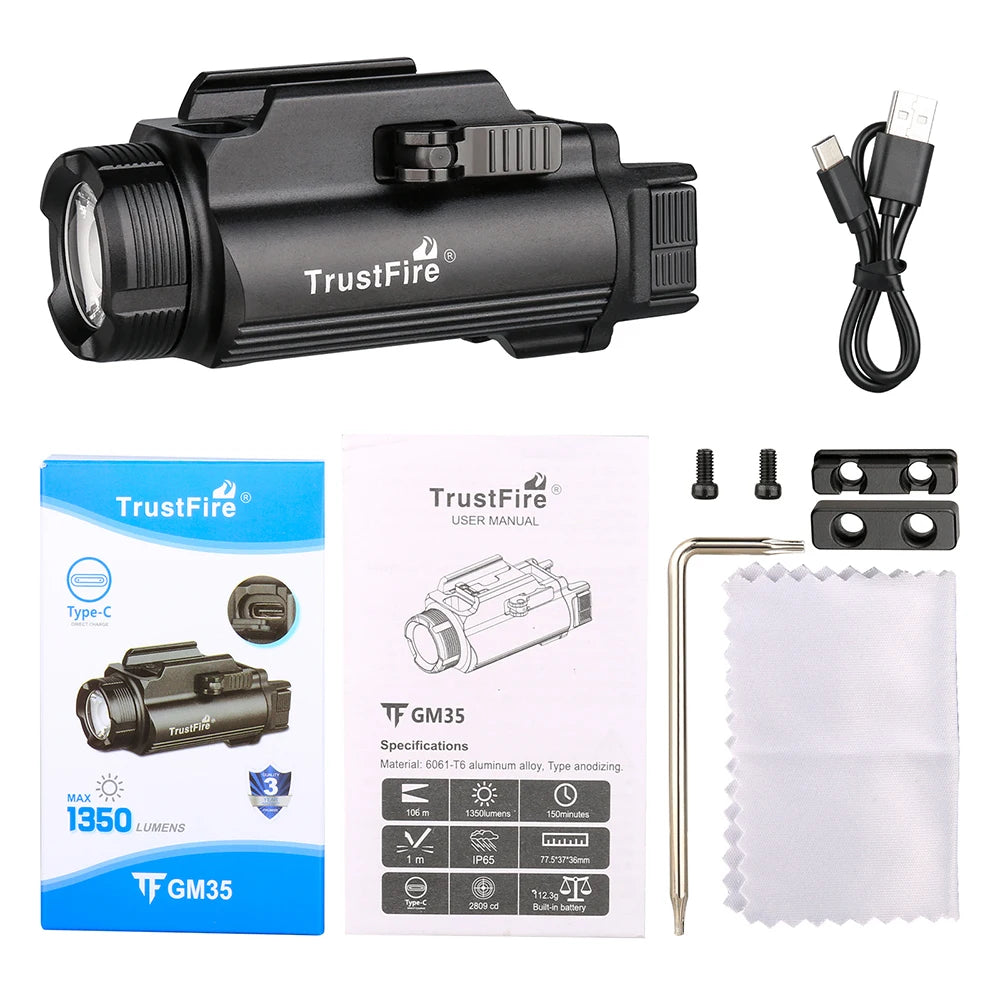 Trustfire GM35 Tactical LED Flashlights Mini Pistol Lights 1350Lumens USB Rechargeable Quick Release Handgun 1913/GL Rail