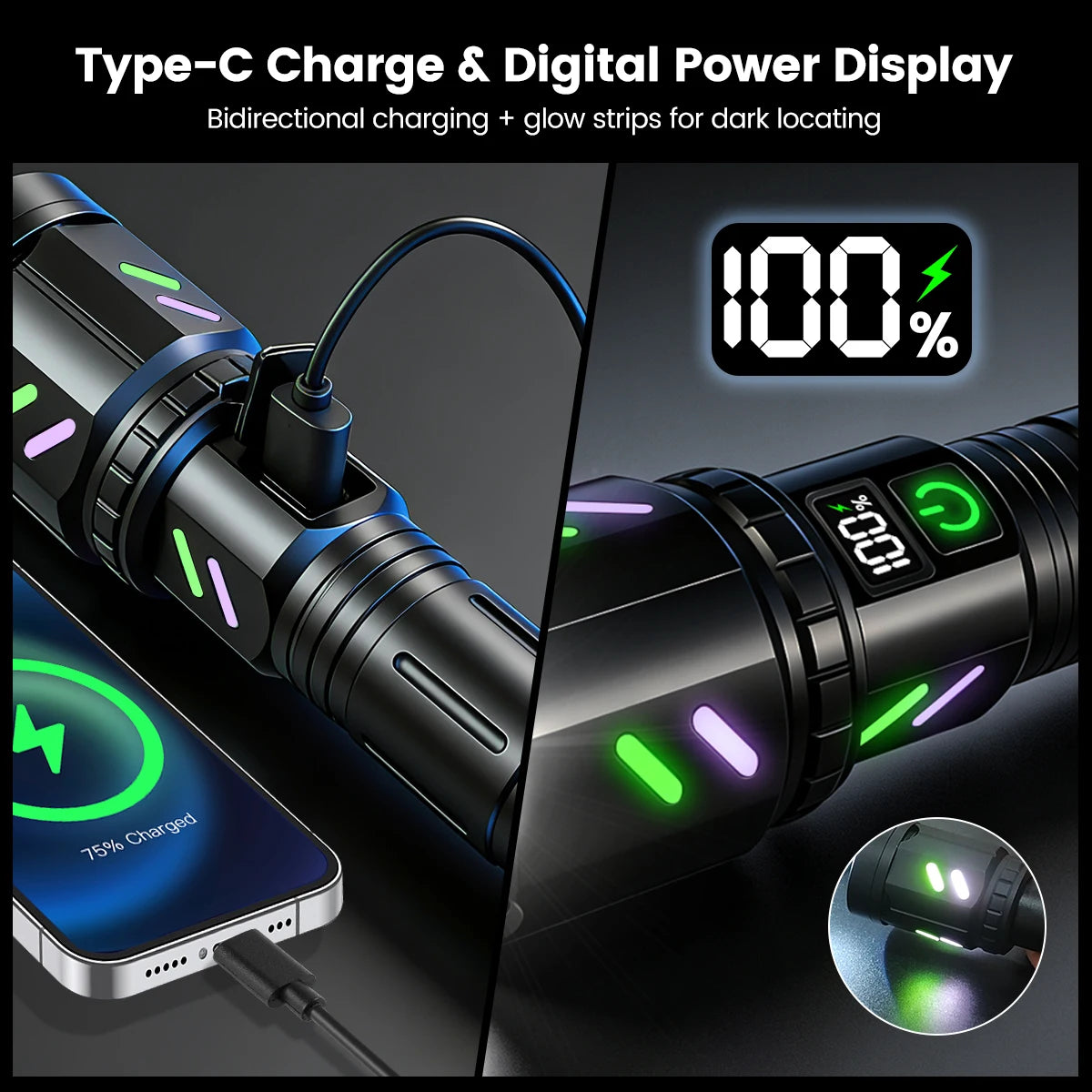 Rechargeable IPX6 Waterproof Flashlight, Zoom White LED Torch CE UKCA FCC Certified for Hunting Outdoor, DE/UK/US Warehouse