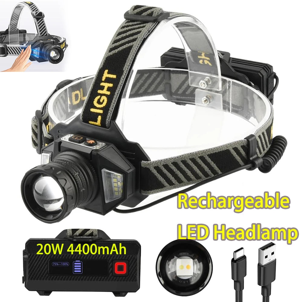 New Rechargeable LED Headlamp Motion Sensor 12 Gears Super Bright Long Range Flashlight Waterproof Head Lantern Fishing Hunting