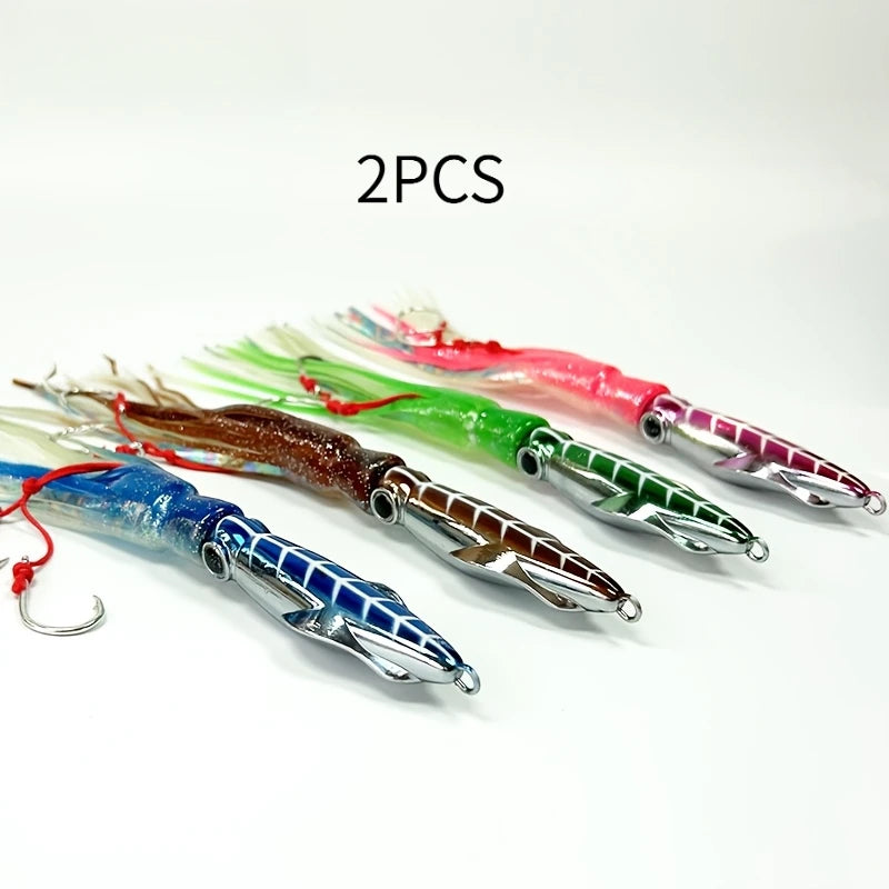 2‑pack Luminous Slow‑jig Squid‑Head Fishing Lures, 60G / 7.87‑inch Trolling Bait, Metal‑Head Squid‑Skirt Fishing Bait, Deep‑sea Boat‑fishing Luminous Bait, Suitable For Sea Bream, Sea Bass And Spanish Mackerel